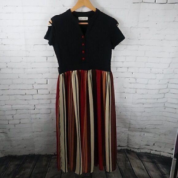 YA-TA-TA BLACK ORANGE RED BROWN BLACK STRIPE MAXI DRESS SIZE SMALL - Picture 1 of 8